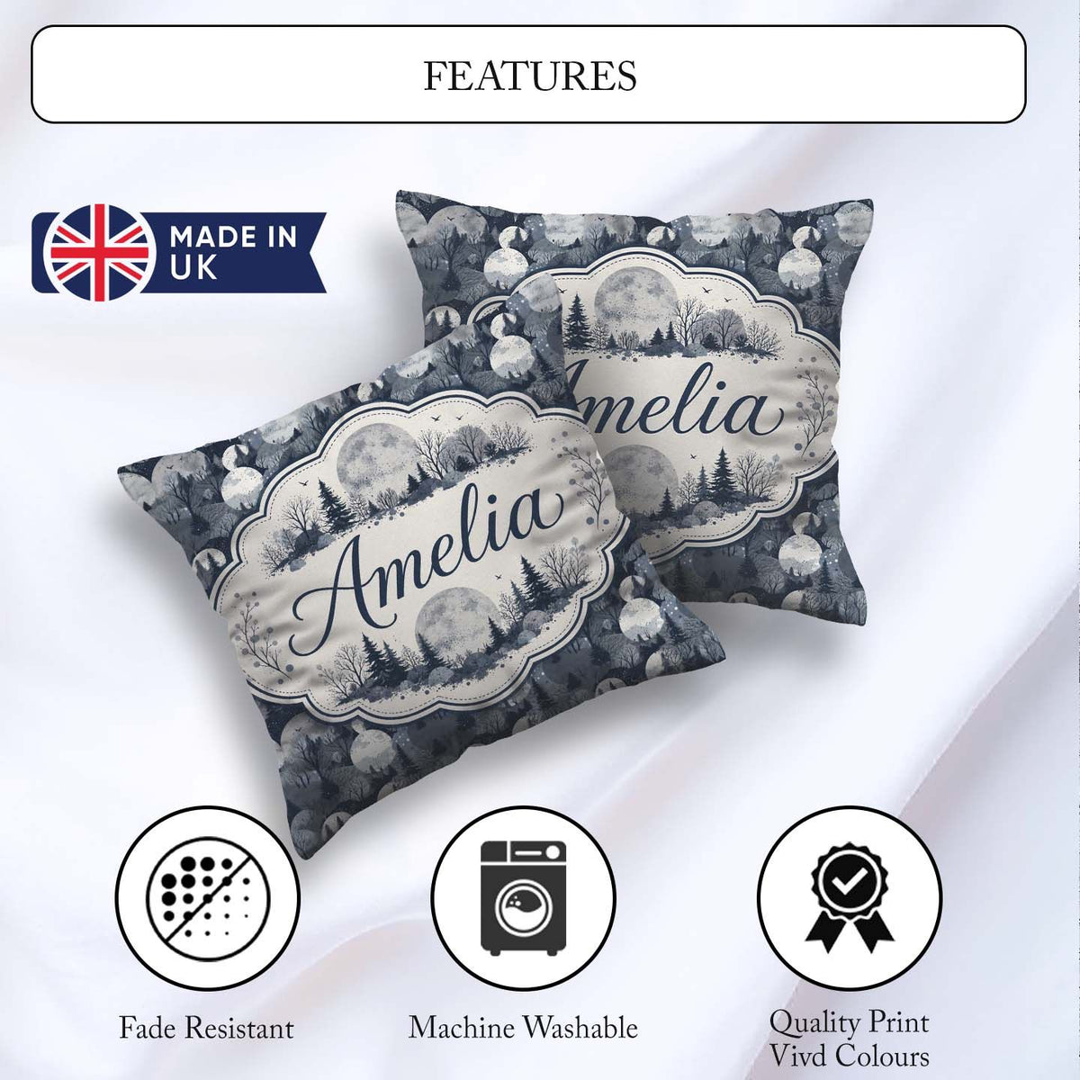 Custom Name Night Woodland Moon Landscape Seamless Pattern Name Square Filled Cushion Throw Pillow Sofa Bed Home Decor Zip Washable UK Made