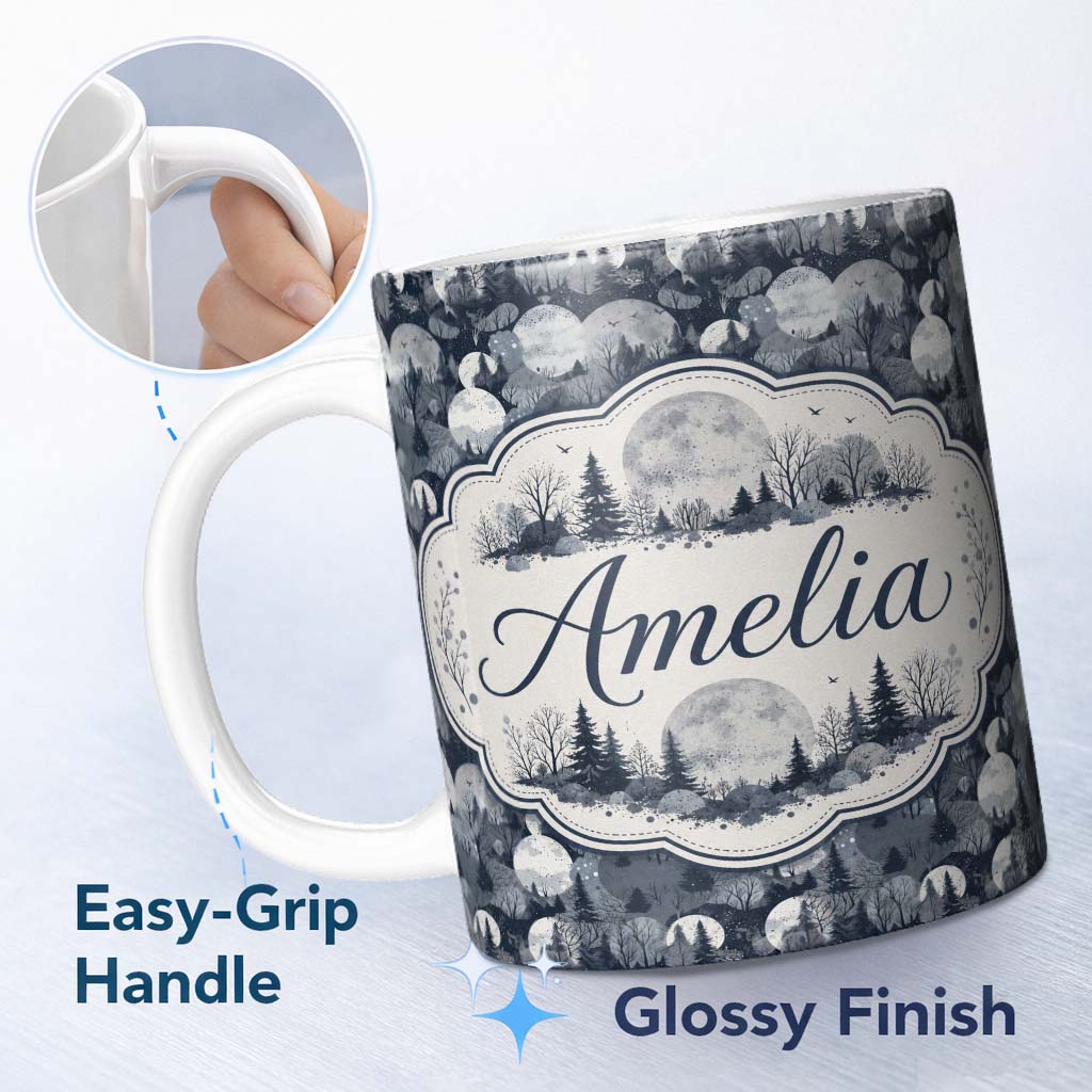 Personalized Custom Name Night Woodland Moon Landscape Seamless Pattern Name Cute Unique Gift 11oz Ceramic Coffee Tea Mug White Large Handle