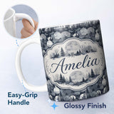 Personalized Custom Name Night Woodland Moon Landscape Seamless Pattern Name Cute Unique Gift 11oz Ceramic Coffee Tea Mug White Large Handle