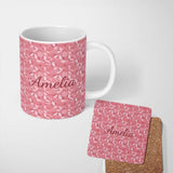 Personalized Custom Name Soft Pink Abstract Leaf Petal Floral Seamless Pattern Name Cute 11oz Ceramic Coffee Tea Mug White Large Handle