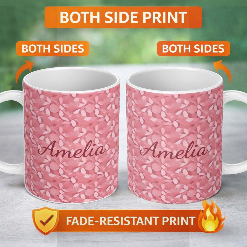 Personalized Custom Name Soft Pink Abstract Leaf Petal Floral Seamless Pattern Name Cute 11oz Ceramic Coffee Tea Mug White Large Handle