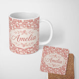 Personalized Custom Name Muted Coral Blush Leaf Botanical Seamless Pattern Name Cute Unique 11oz Ceramic Coffee Tea Mug White Large Handle