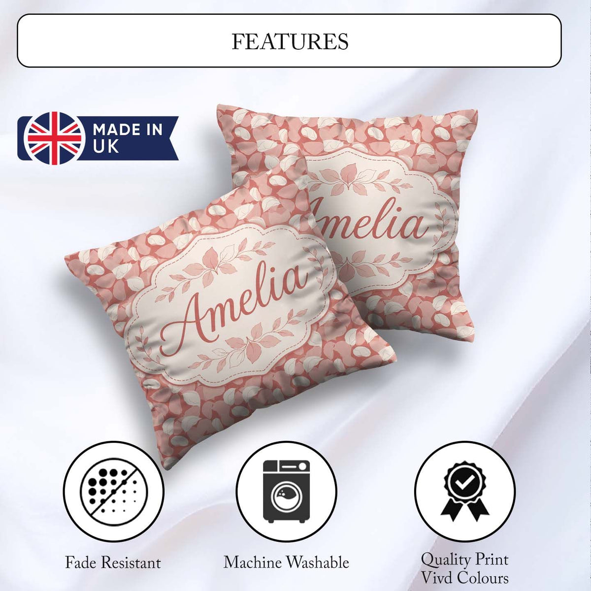 Custom Name Muted Coral Blush Leaf Botanical Seamless Name Cute Square Filled Cushion Throw Pillow Sofa Bed Home Decor Zip Washable UK Made