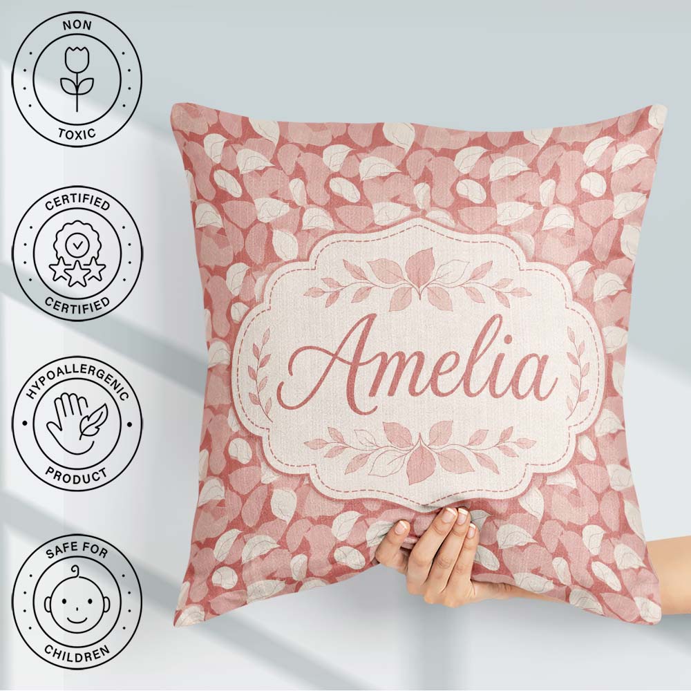 Custom Name Muted Coral Blush Leaf Botanical Seamless Name Cute Square Filled Cushion Throw Pillow Sofa Bed Home Decor Zip Washable UK Made