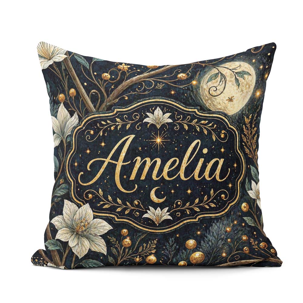 Custom Name Magical Floral Golden Berries Night Seamless Pattern Square Filled Cushion Throw Pillow Sofa Bed Home Decor Zip Washable UK Made