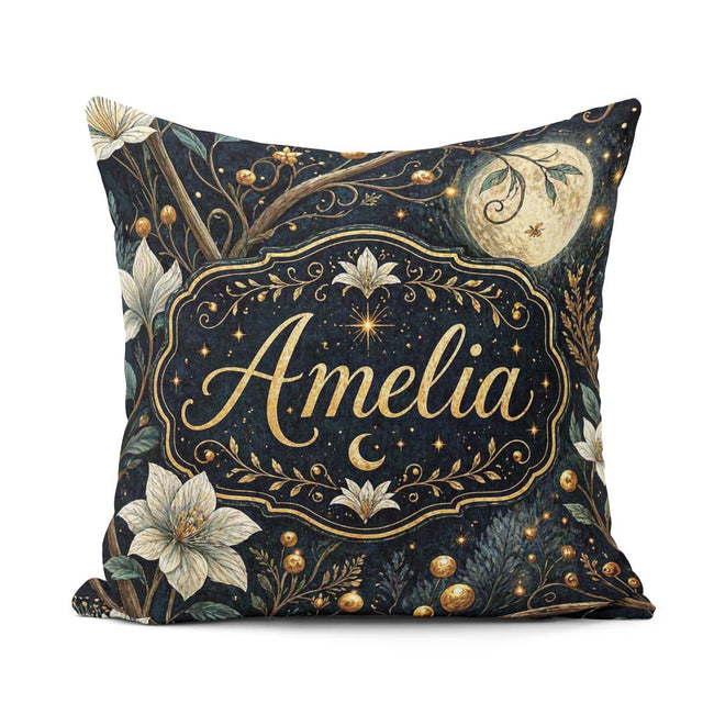 Custom Name Magical Floral Golden Berries Night Seamless Pattern Square Filled Cushion Throw Pillow Sofa Bed Home Decor Zip Washable UK Made