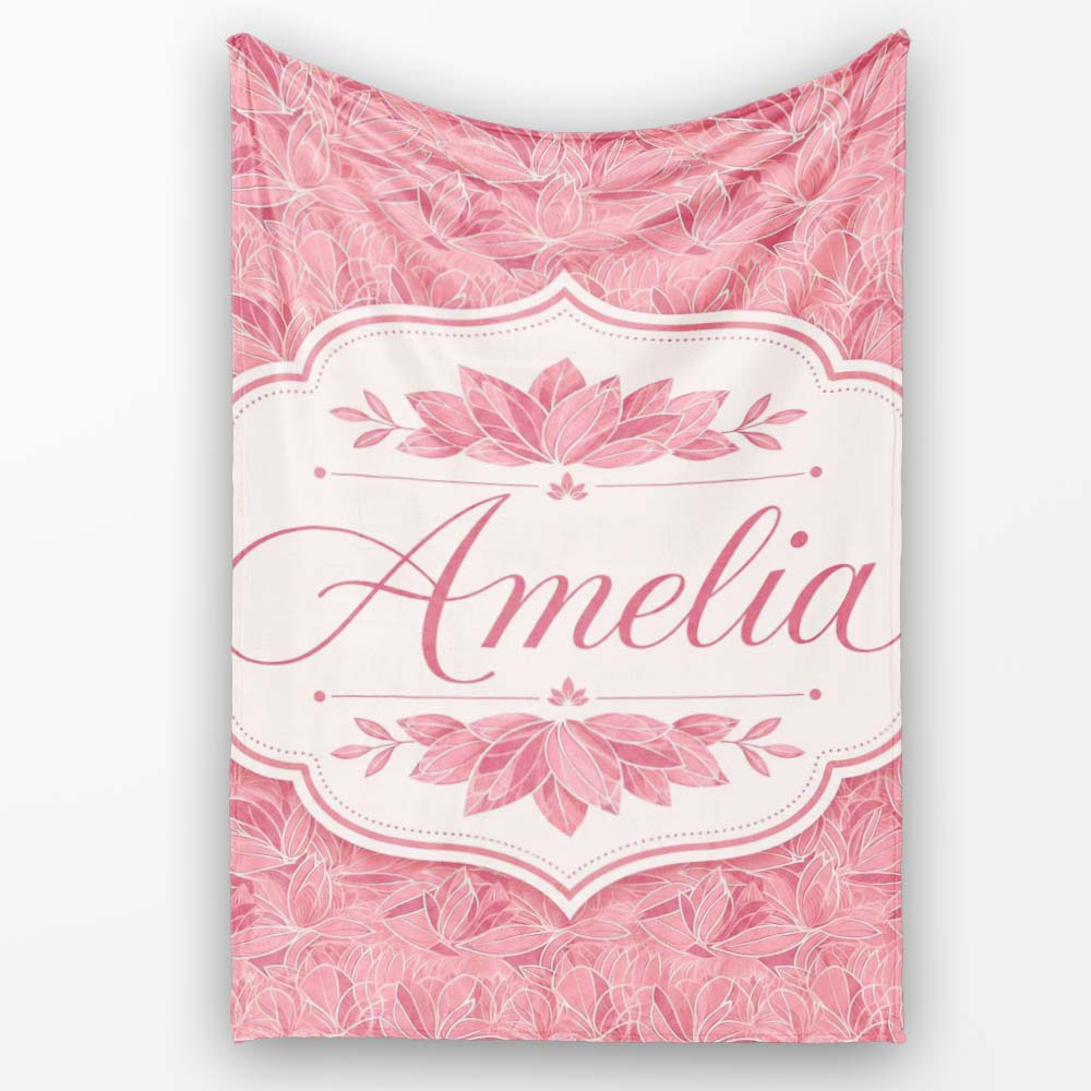 Elegant Pink Lotus Floral Line Art Seamless Pattern Name Cute  Personalised Custom Name Super Soft Fleece Blanket Bed Sofa Throw