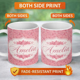 Personalized Custom Name Elegant Pink Lotus Floral Line Art Seamless Pattern Name Cute 11oz Ceramic Coffee Tea Mug White Large Handle