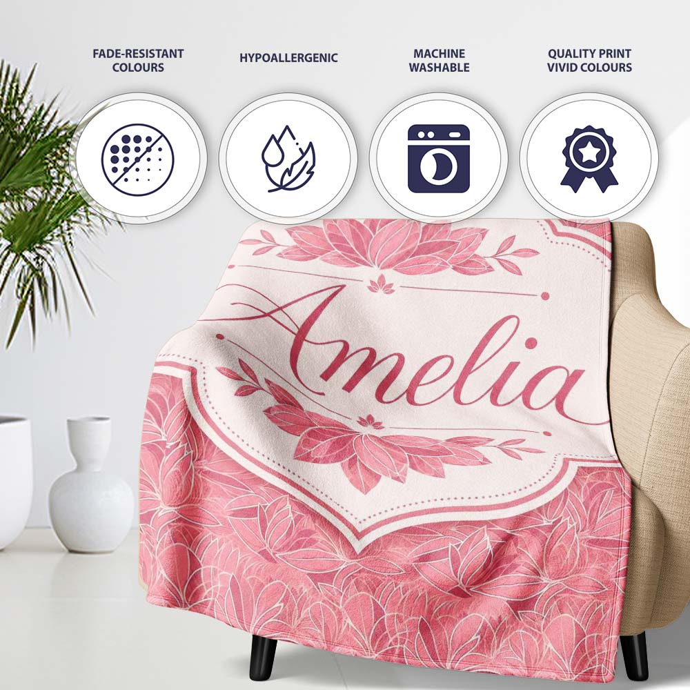 Elegant Pink Lotus Floral Line Art Seamless Pattern Name Cute  Personalised Custom Name Super Soft Fleece Blanket Bed Sofa Throw