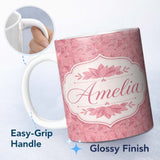 Personalized Custom Name Elegant Pink Lotus Floral Line Art Seamless Pattern Name Cute 11oz Ceramic Coffee Tea Mug White Large Handle
