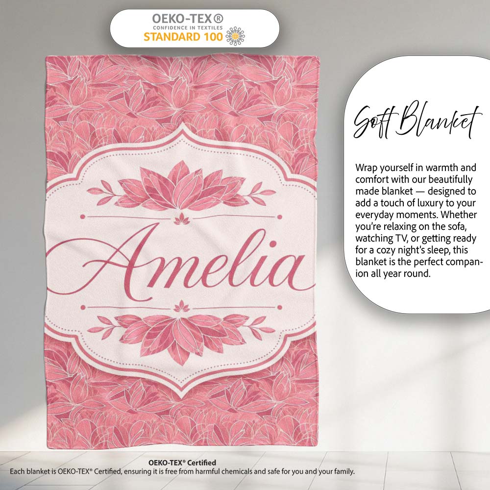 Elegant Pink Lotus Floral Line Art Seamless Pattern Name Cute  Personalised Custom Name Super Soft Fleece Blanket Bed Sofa Throw