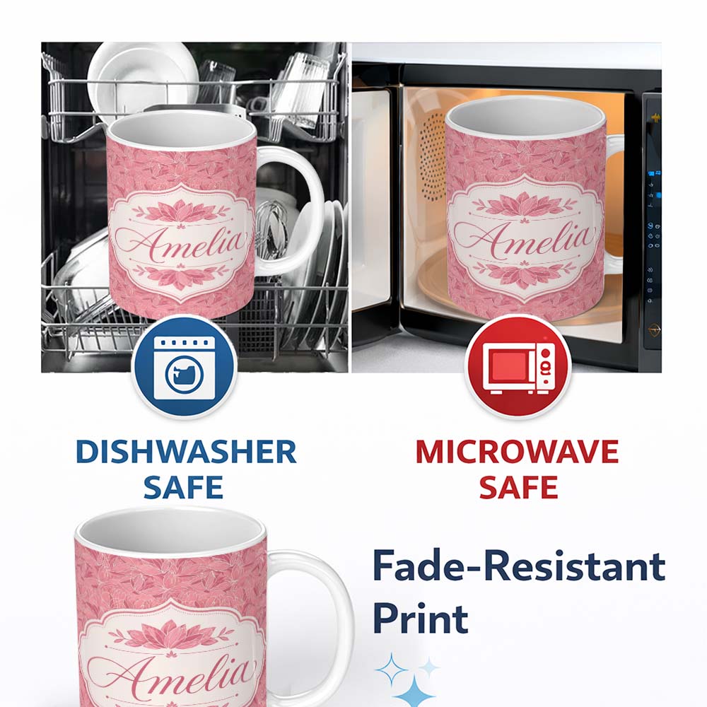 Personalized Custom Name Elegant Pink Lotus Floral Line Art Seamless Pattern Name Cute 11oz Ceramic Coffee Tea Mug White Large Handle