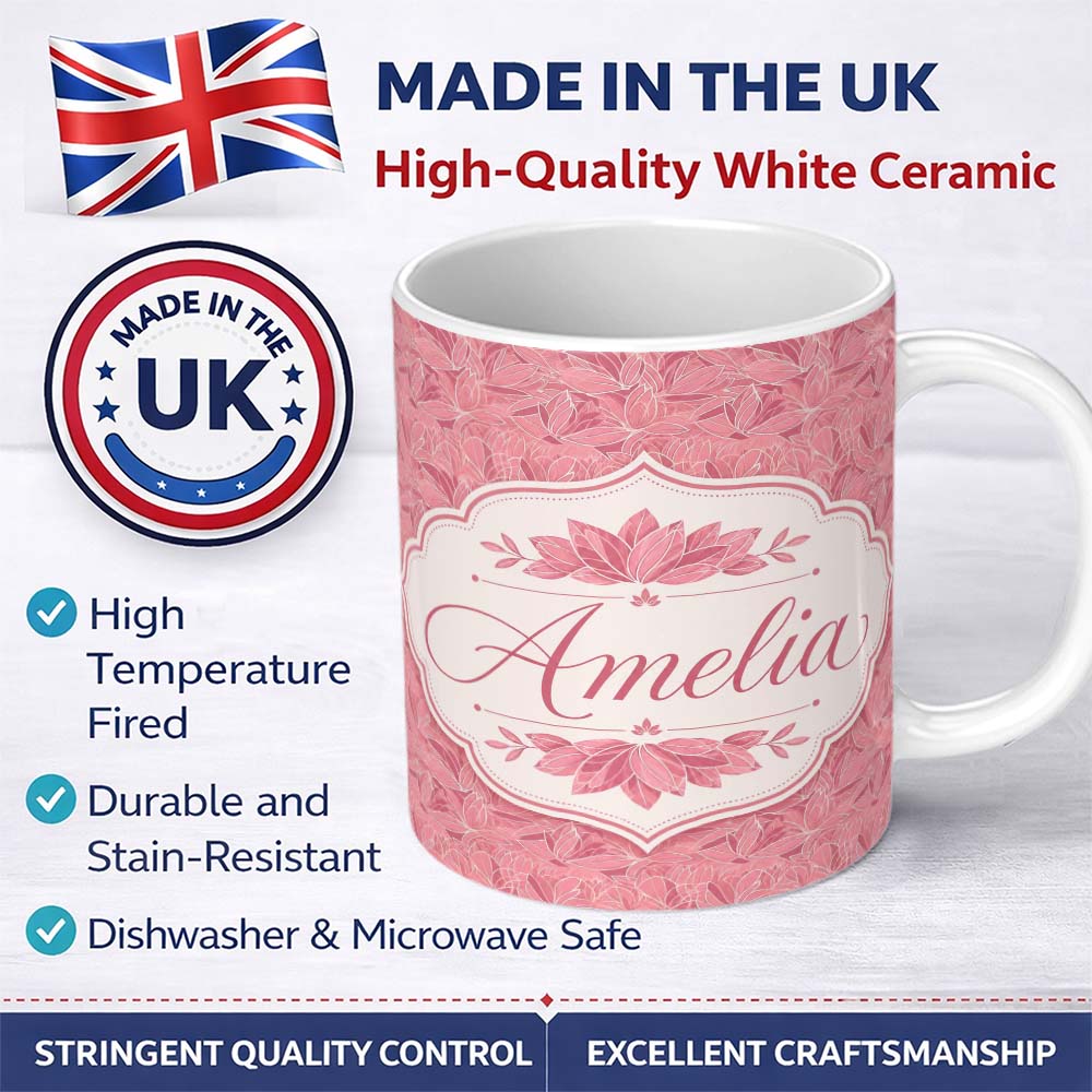 Personalized Custom Name Elegant Pink Lotus Floral Line Art Seamless Pattern Name Cute 11oz Ceramic Coffee Tea Mug White Large Handle
