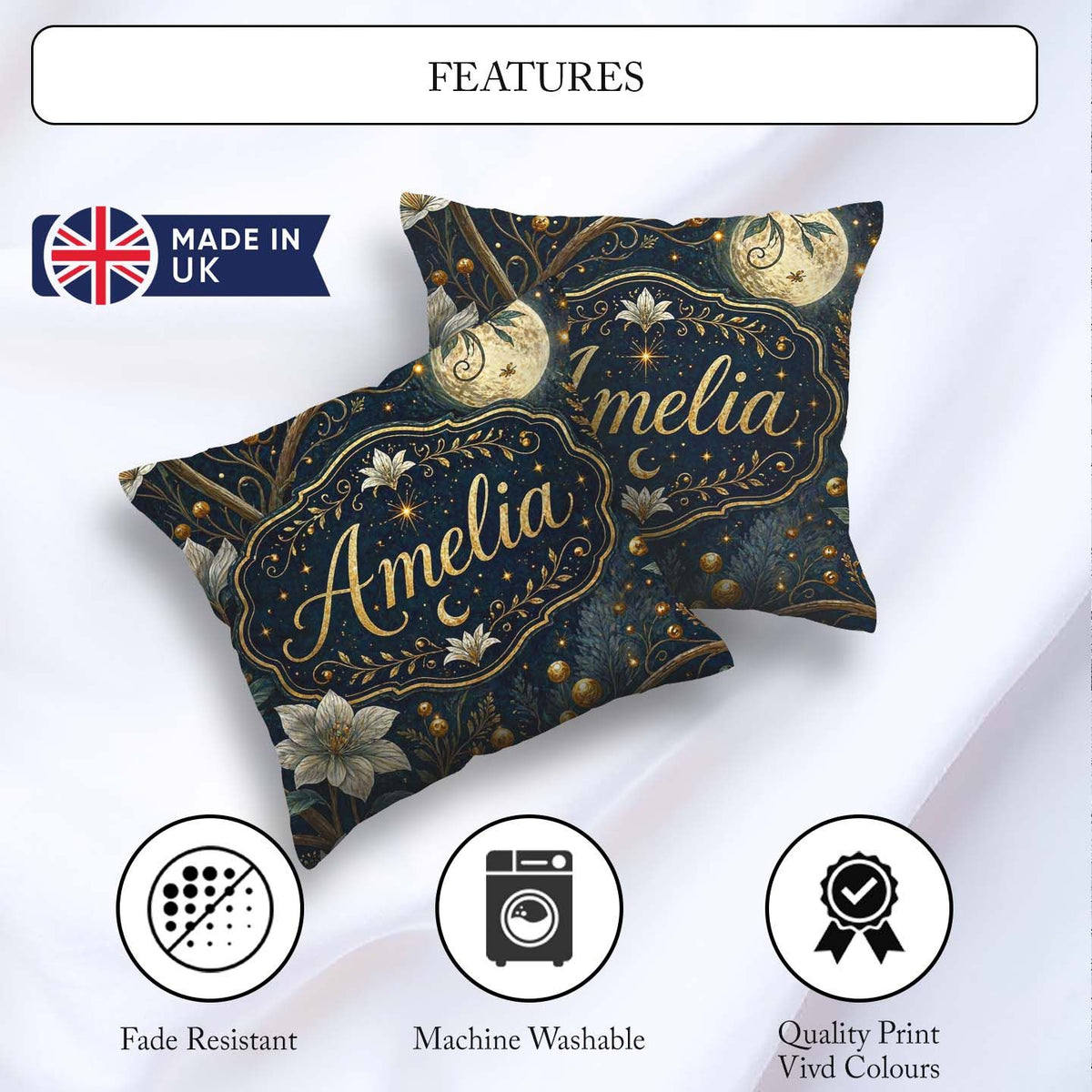 Custom Name Magical Floral Golden Berries Night Seamless Pattern Square Filled Cushion Throw Pillow Sofa Bed Home Decor Zip Washable UK Made