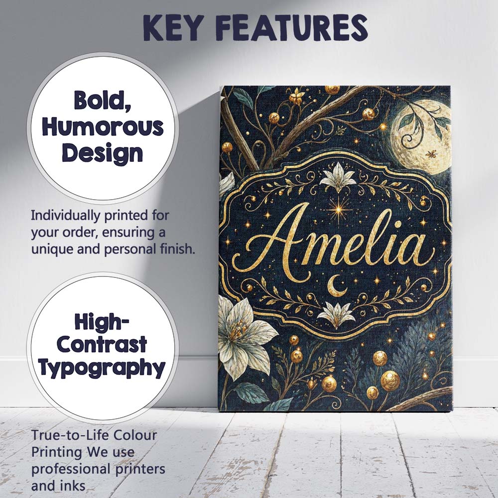 Personalised Name Magical Floral Moon Golden Berries Night Seamless Custom Canvas Wall Art Print Decor Picture Ready to Hang