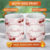 Personalized Custom Name Cherry Bow Ribbon Cute Pink Gingham Picnic Check Seamless Pattern 11oz Ceramic Coffee Tea Mug White Large Handle