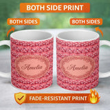 Personalized Custom Name Layered Pink Rose Blossom Floral Seamless Pattern Name Cute Unique 11oz Ceramic Coffee Tea Mug White Large Handle
