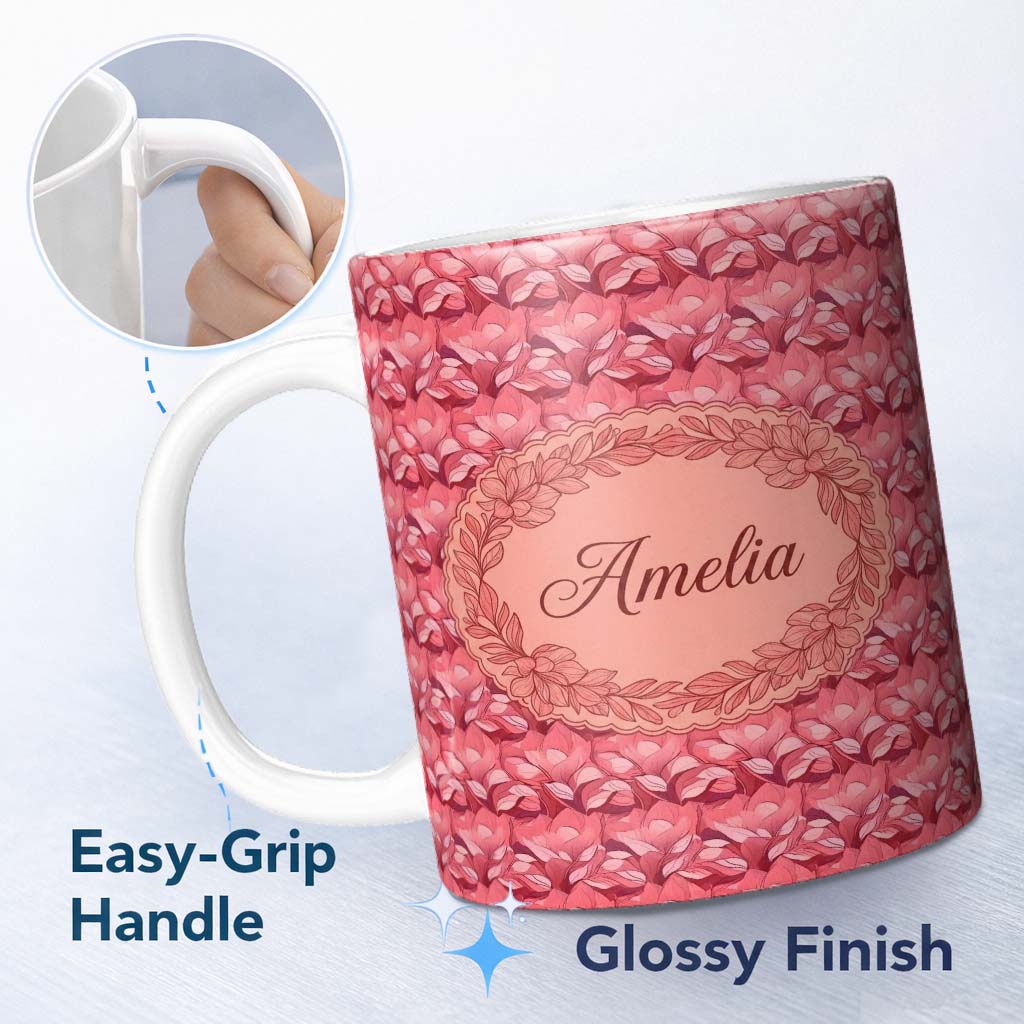 Personalized Custom Name Layered Pink Rose Blossom Floral Seamless Pattern Name Cute Unique 11oz Ceramic Coffee Tea Mug White Large Handle