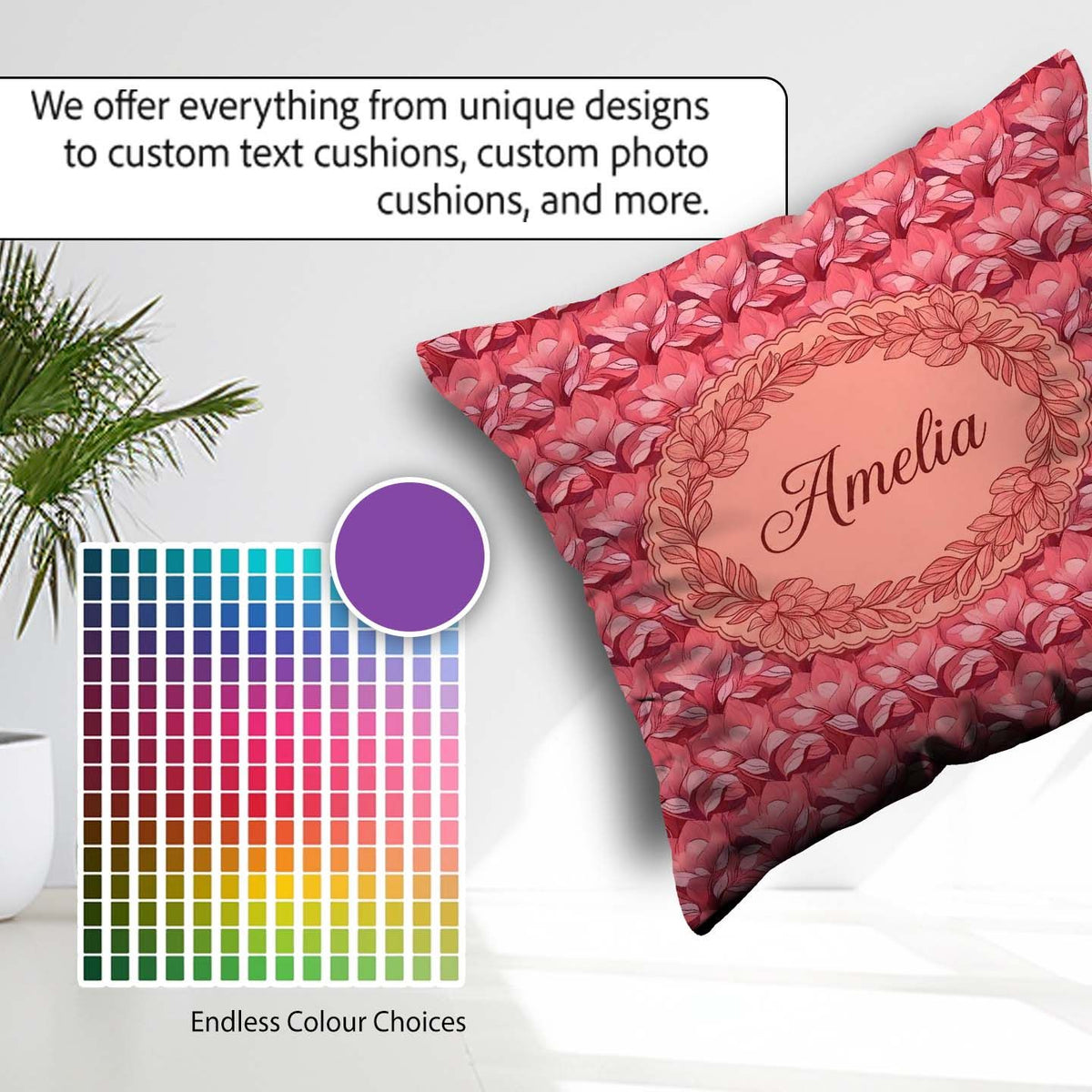 Custom Name Layered Pink Rose Blossom Seamless Pattern Name Cute Square Filled Cushion Throw Pillow Sofa Bed Home Decor Zip Washable UK Made