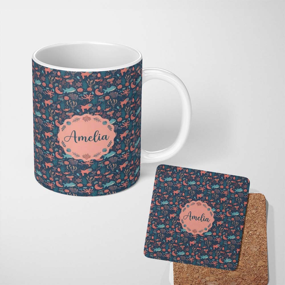 Personalized Custom Name Whimsical Ocean Fish Coral Reef Seamless Pattern Name Cute Unique 11oz Ceramic Coffee Tea Mug White Large Handle