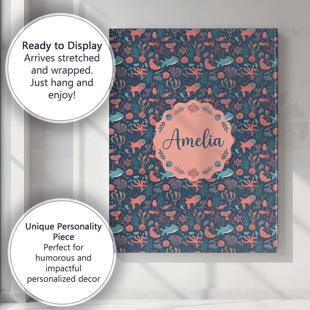 Personalised Name Whimsical Ocean Fish Custom  Modern Room Accent Elegant Feature Canvas Wall Art Print Decor Picture Ready to Hang