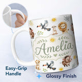 Personalized Custom Name Jungle Animals Lion Meerkat Toucan Boar on Light Grey Seamless 11oz Ceramic Coffee Tea Mug White Large Handle