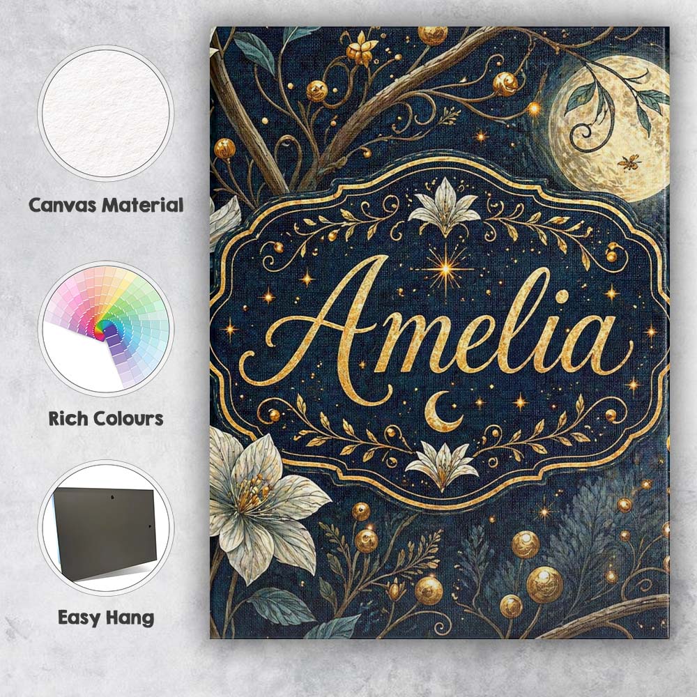 Personalised Name Magical Floral Moon Golden Berries Night Seamless Custom Canvas Wall Art Print Decor Picture Ready to Hang