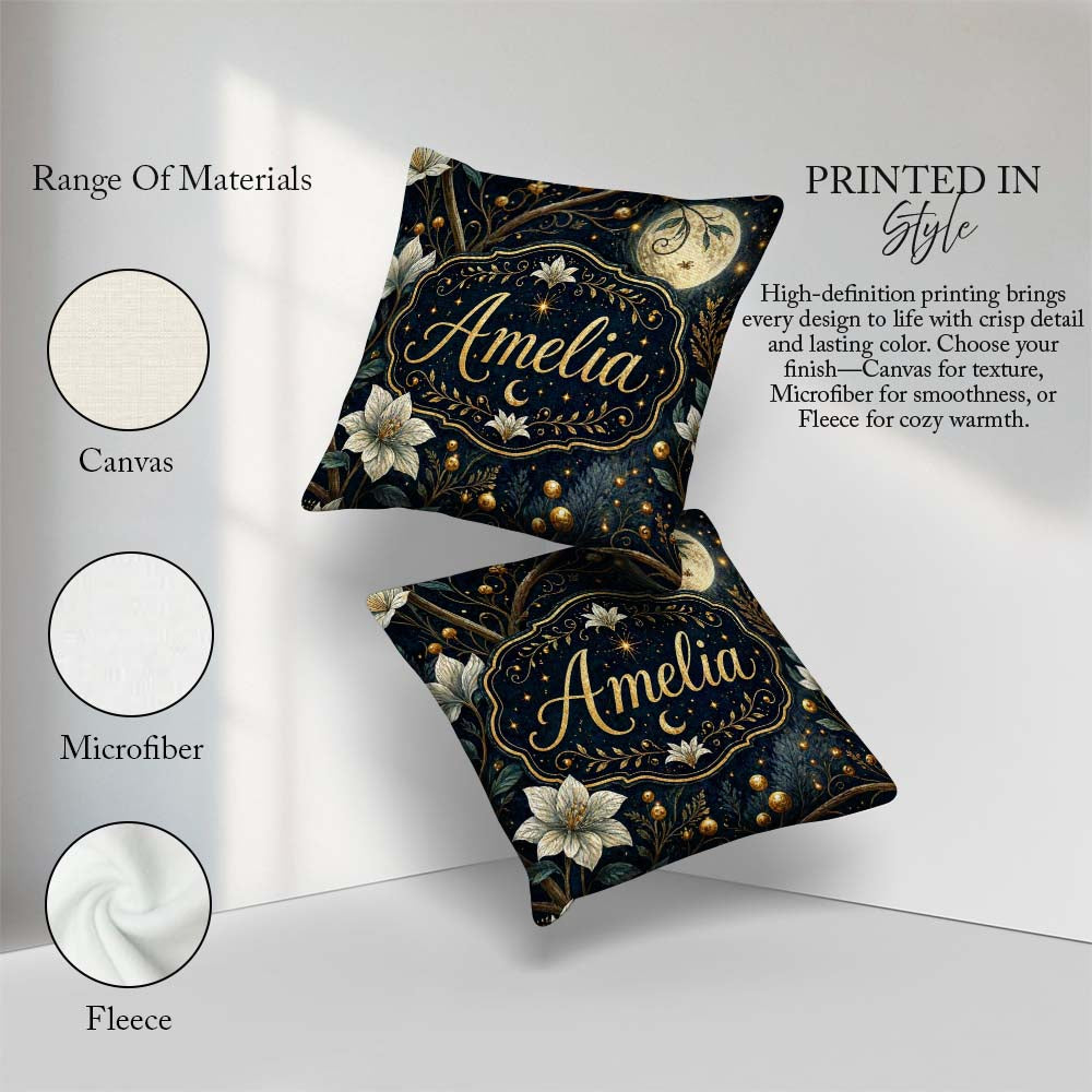Custom Name Magical Floral Golden Berries Night Seamless Pattern Square Filled Cushion Throw Pillow Sofa Bed Home Decor Zip Washable UK Made