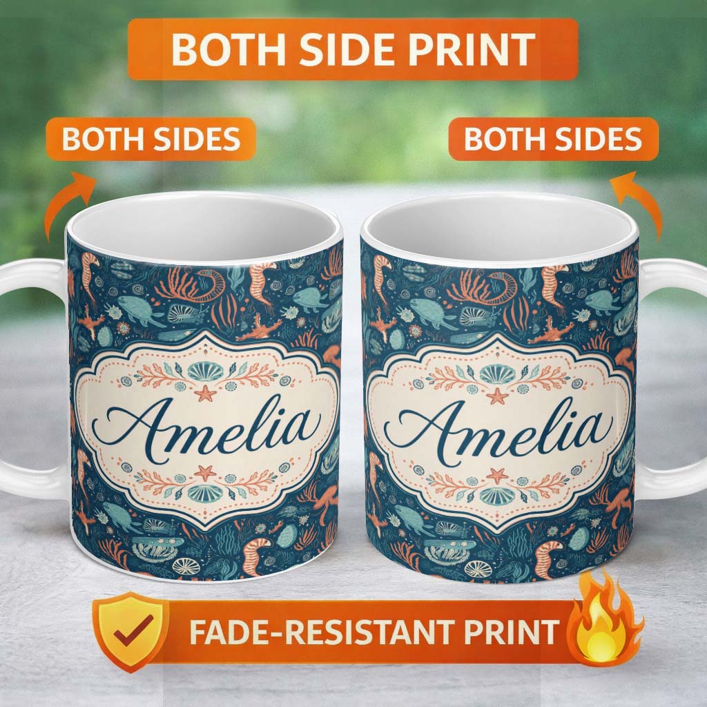 Personalized Custom Name Detailed Marine Life Coral Sea Creatures Seamless Pattern Custom 11oz Ceramic Coffee Tea Mug White Large Handle