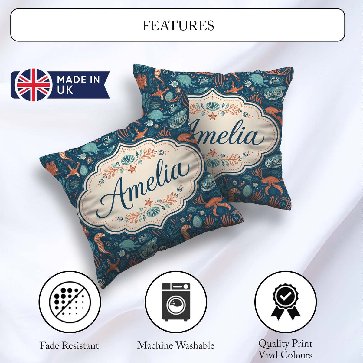 Custom Name Detailed Marine Coral Sea Creatures Seamless Pattern Square Filled Cushion Throw Pillow Sofa Bed Home Decor Zip Washable UK Made