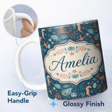 Personalized Custom Name Detailed Marine Life Coral Sea Creatures Seamless Pattern Custom 11oz Ceramic Coffee Tea Mug White Large Handle