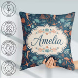 Custom Name Detailed Marine Coral Sea Creatures Seamless Pattern Square Filled Cushion Throw Pillow Sofa Bed Home Decor Zip Washable UK Made