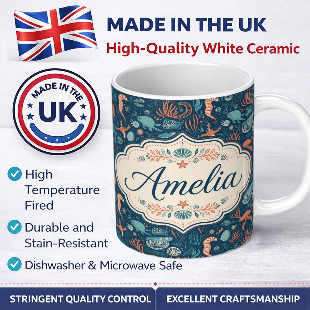 Personalized Custom Name Detailed Marine Life Coral Sea Creatures Seamless Pattern Custom 11oz Ceramic Coffee Tea Mug White Large Handle