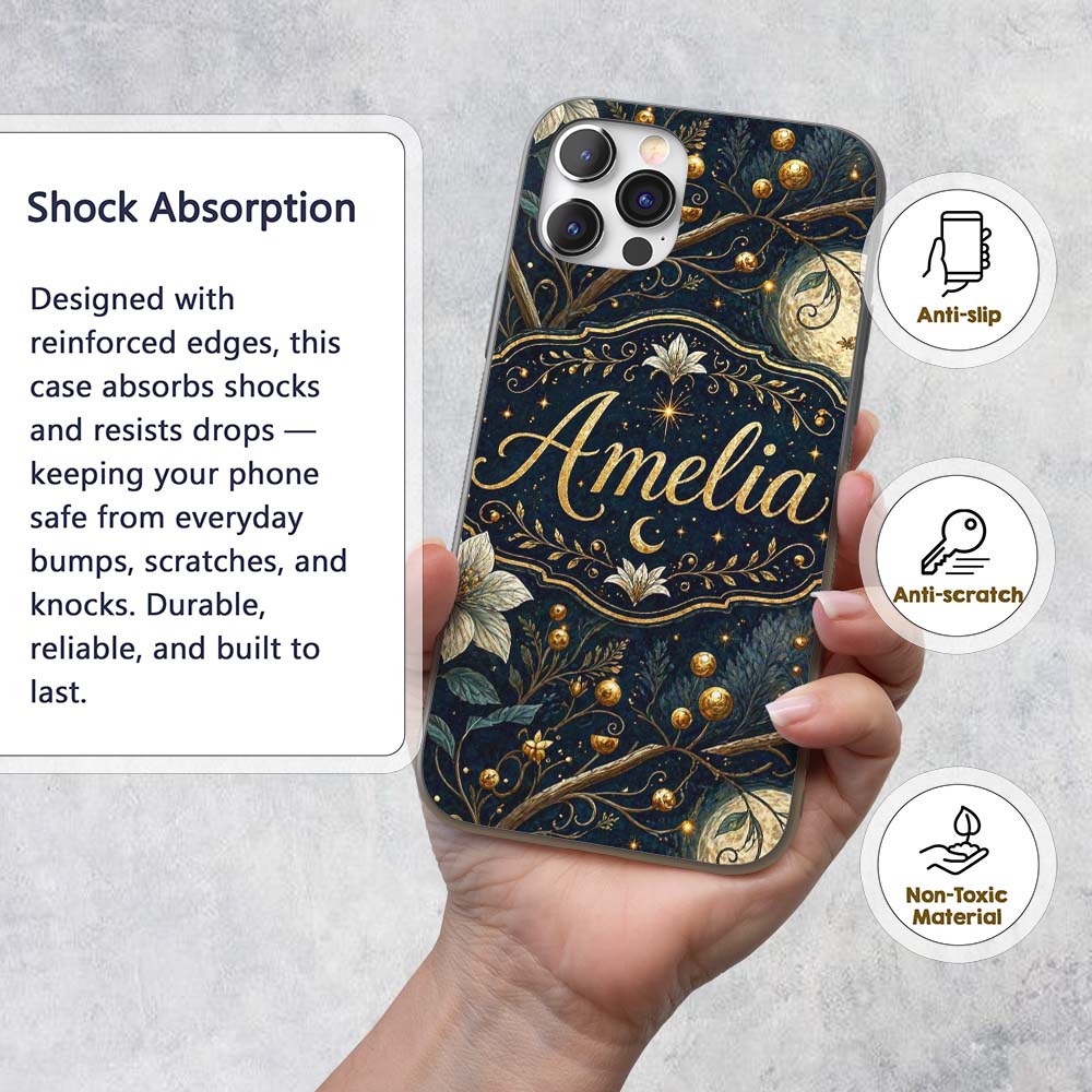 Magical Floral Moon Golden Berries Night Seamless Custom Name Protective Phone Case Mobile Cover Durable Everyday Smartphone Shock Resistant