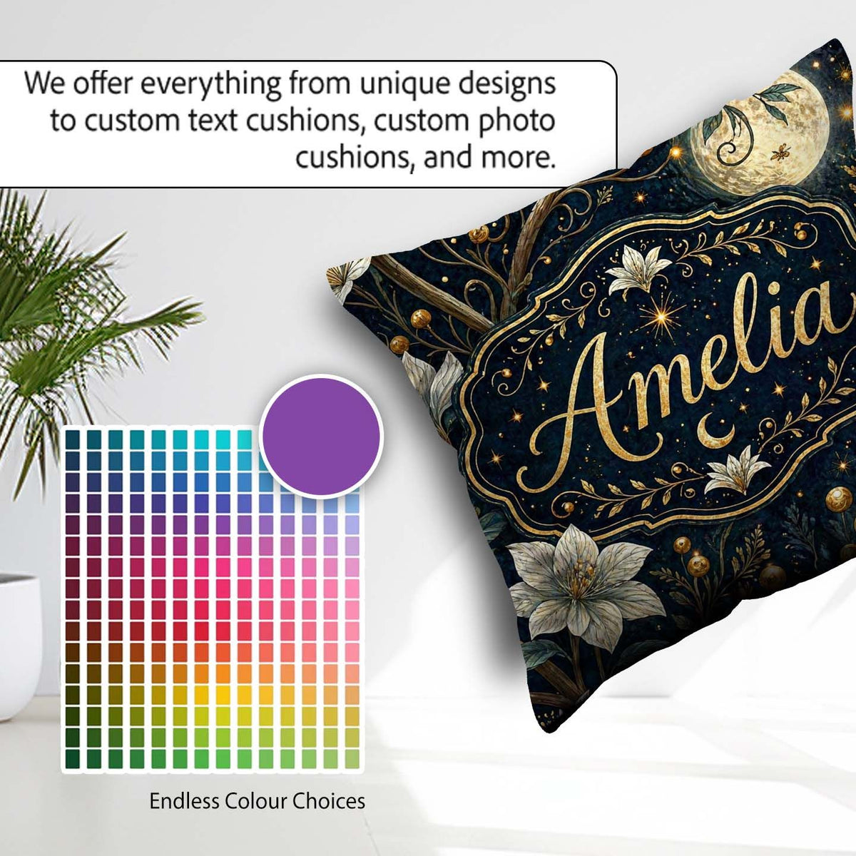 Custom Name Magical Floral Golden Berries Night Seamless Pattern Square Filled Cushion Throw Pillow Sofa Bed Home Decor Zip Washable UK Made