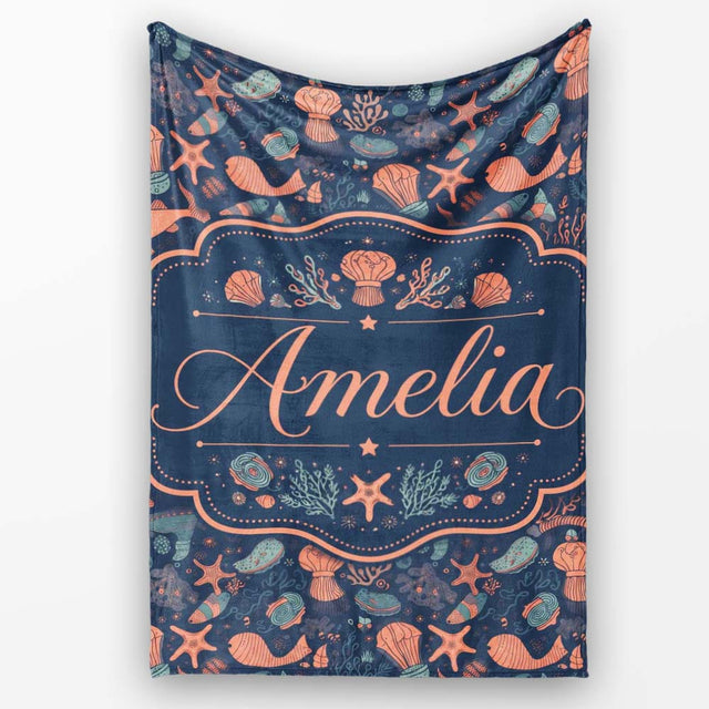 Playful Underwater Ocean Animals Seamless Pattern Name Cute Unique  Personalised Custom Name Super Soft Fleece Blanket Bed Sofa Throw