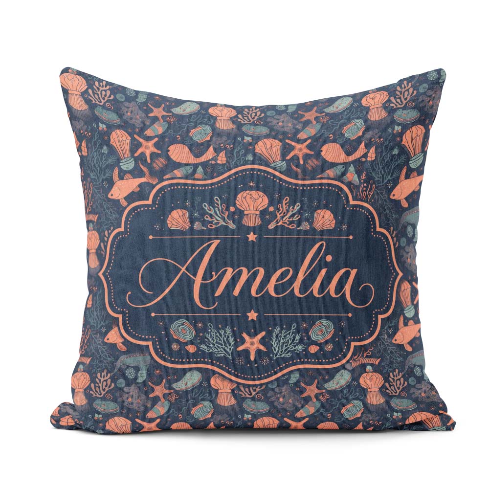 Custom Name Playful Underwater Ocean Animals Seamless Name Cute Square Filled Cushion Throw Pillow Sofa Bed Home Decor Zip Washable UK Made