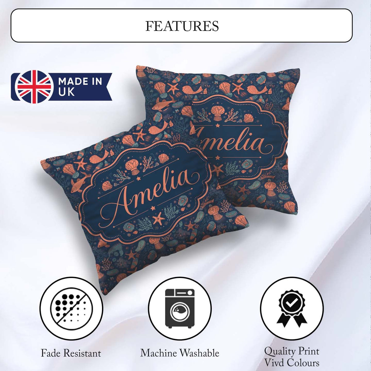 Custom Name Playful Underwater Ocean Animals Seamless Name Cute Square Filled Cushion Throw Pillow Sofa Bed Home Decor Zip Washable UK Made