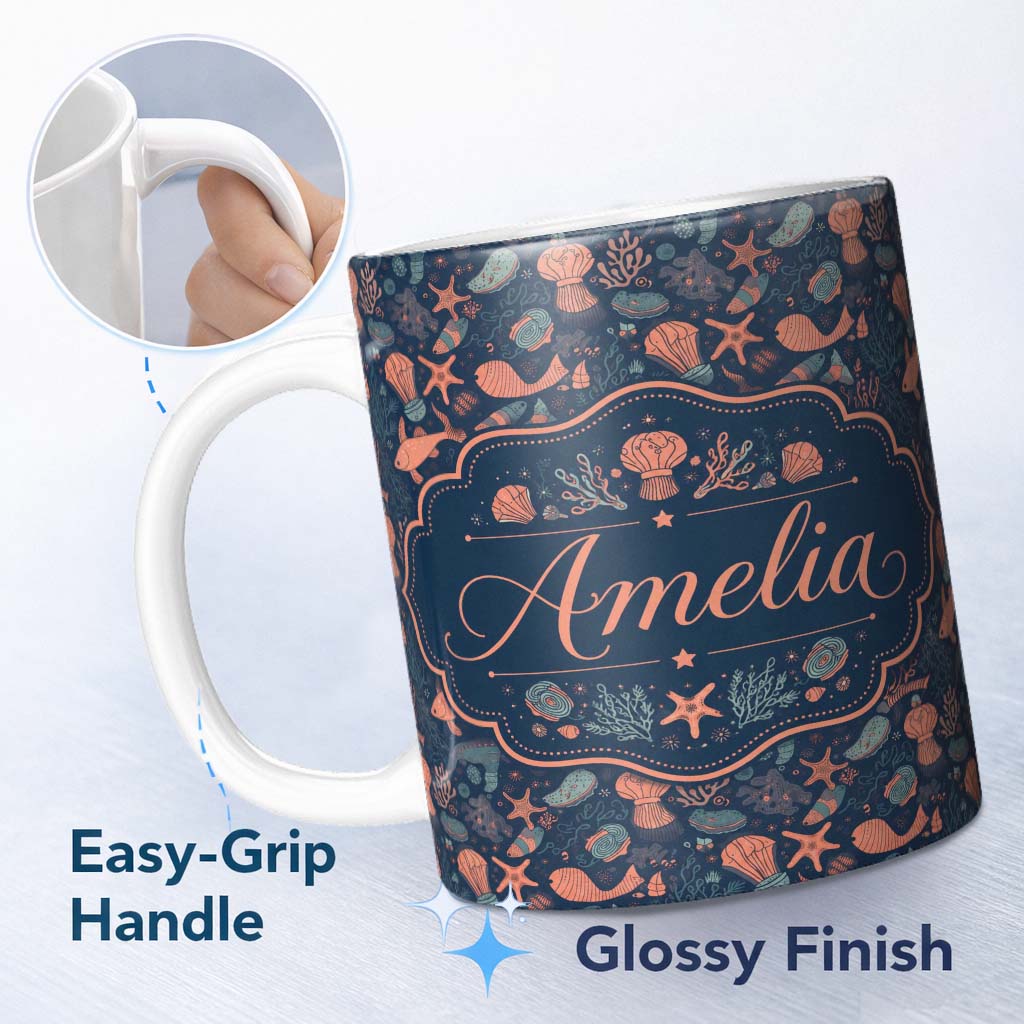 Personalized Custom Name Playful Underwater Ocean Animals Seamless Pattern Name Cute Unique 11oz Ceramic Coffee Tea Mug White Large Handle