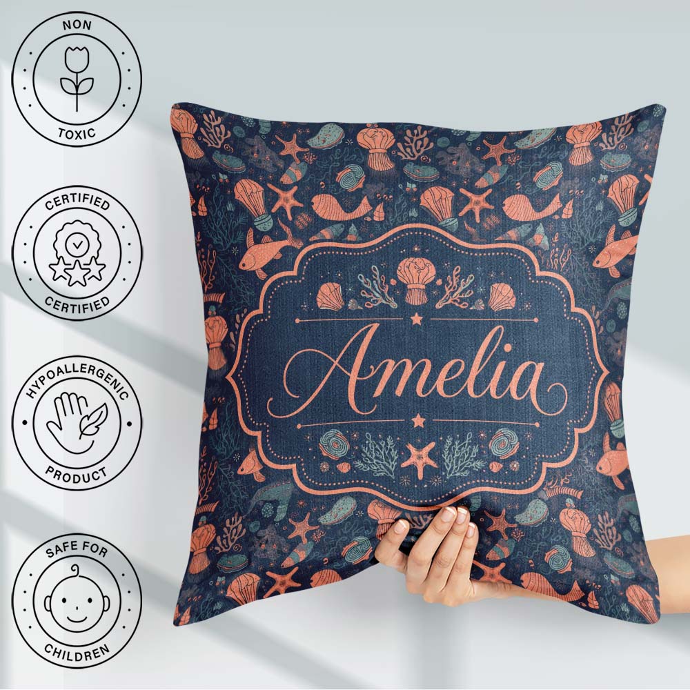 Custom Name Playful Underwater Ocean Animals Seamless Name Cute Square Filled Cushion Throw Pillow Sofa Bed Home Decor Zip Washable UK Made