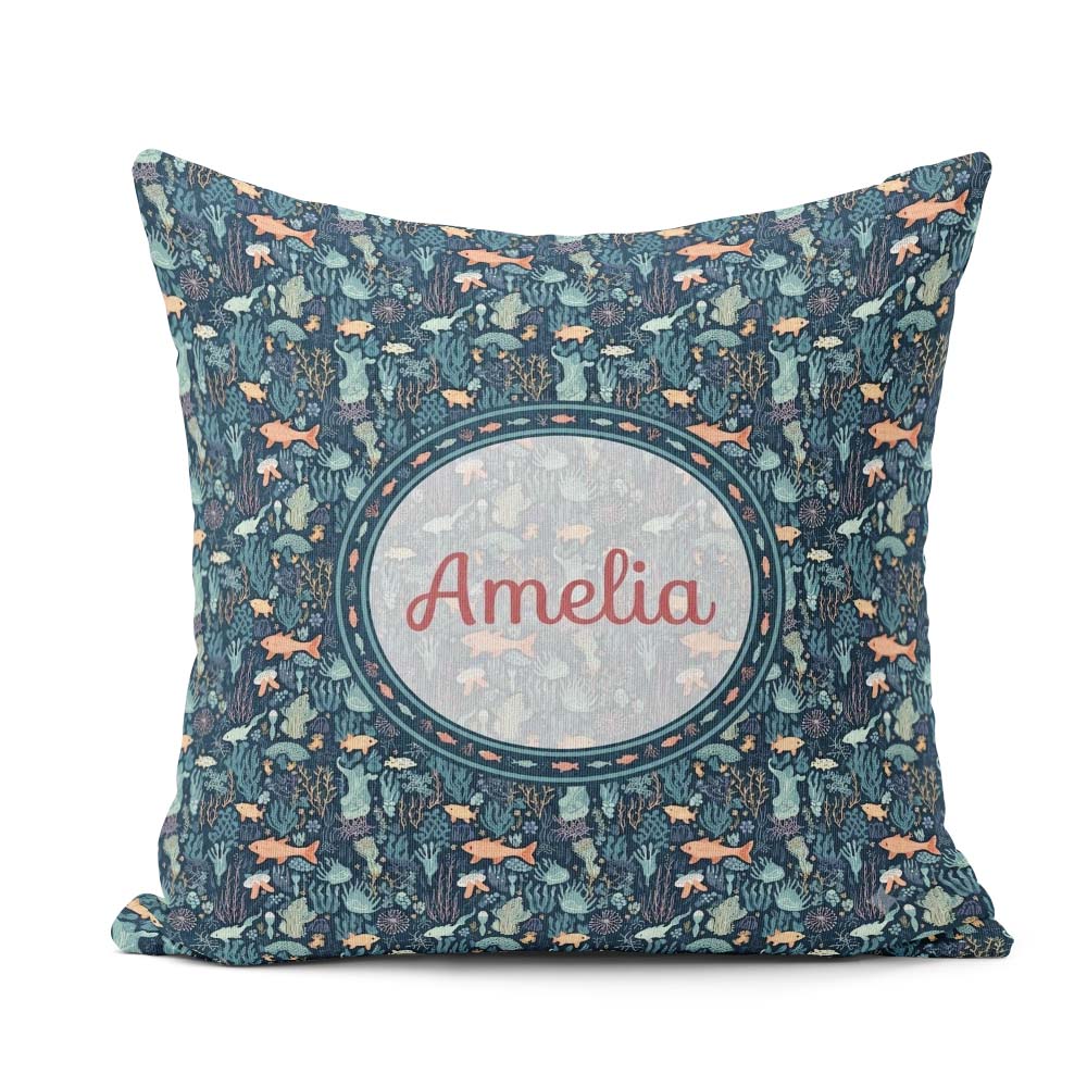 Custom Name Deep Sea Coral Fish Ocean Seamless Pattern Name Cute Square Filled Cushion Throw Pillow Sofa Bed Home Decor Zip Washable UK Made