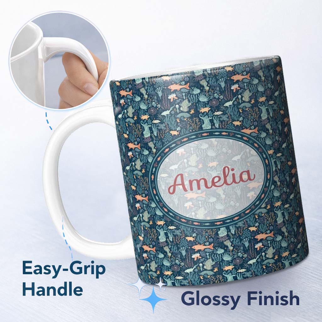 Personalized Custom Name Deep Sea Coral Fish Botanical Ocean Seamless Pattern Name Cute 11oz Ceramic Coffee Tea Mug White Large Handle