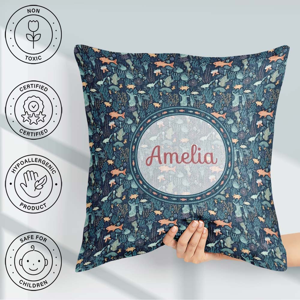 Custom Name Deep Sea Coral Fish Ocean Seamless Pattern Name Cute Square Filled Cushion Throw Pillow Sofa Bed Home Decor Zip Washable UK Made