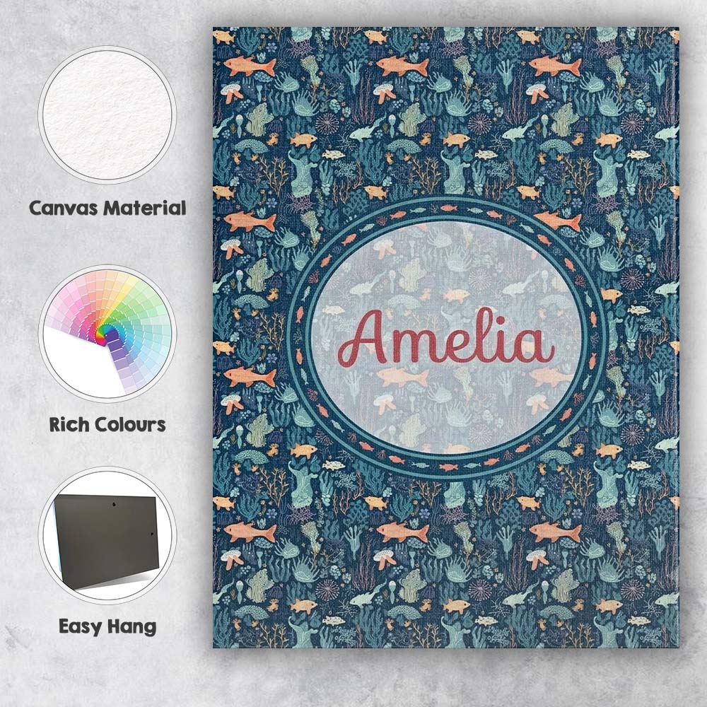 Personalised Name Deep Sea Coral Fish Custom Modern Room Accent Creative Decorator Style Canvas Wall Art Print Decor Picture Ready to Hang