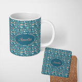 Personalized Custom Name Cute Ocean Sea Life Fish Coral Reef Seamless Pattern Name Unique 11oz Ceramic Coffee Tea Mug White Large Handle
