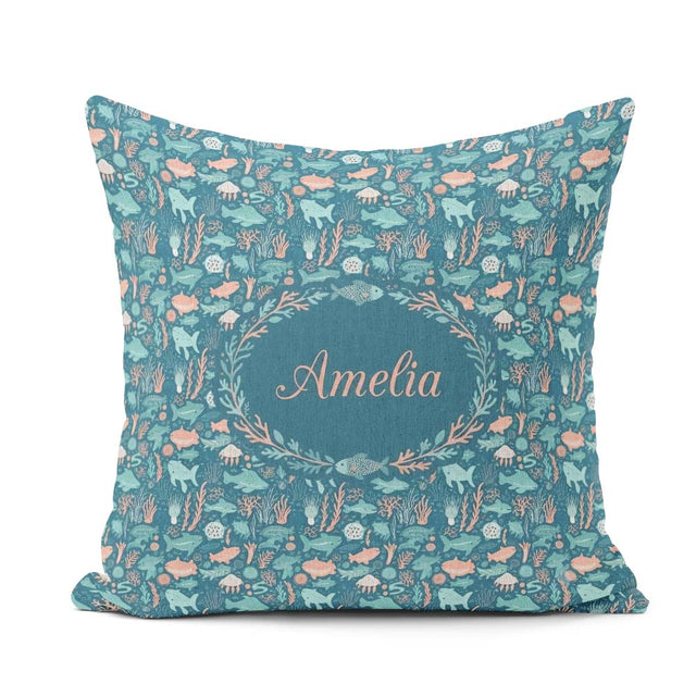 Custom Name Ocean Sea Life Fish Coral Reef Seamless Pattern Name Square Filled Cushion Throw Pillow Sofa Bed Home Decor Zip Washable UK Made