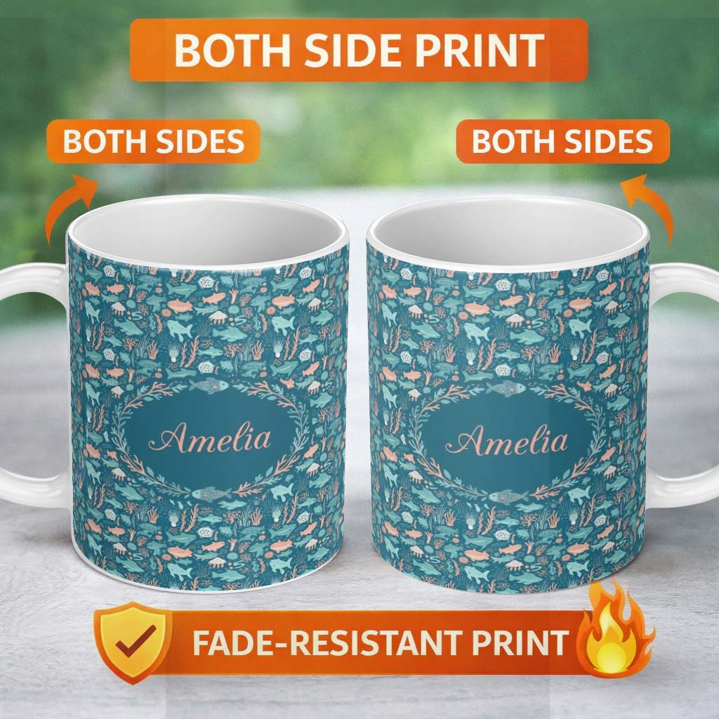 Personalized Custom Name Cute Ocean Sea Life Fish Coral Reef Seamless Pattern Name Unique 11oz Ceramic Coffee Tea Mug White Large Handle
