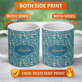 Personalized Custom Name Cute Ocean Sea Life Fish Coral Reef Seamless Pattern Name Unique 11oz Ceramic Coffee Tea Mug White Large Handle