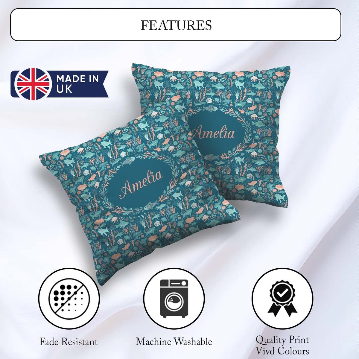 Custom Name Ocean Sea Life Fish Coral Reef Seamless Pattern Name Square Filled Cushion Throw Pillow Sofa Bed Home Decor Zip Washable UK Made