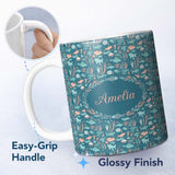 Personalized Custom Name Cute Ocean Sea Life Fish Coral Reef Seamless Pattern Name Unique 11oz Ceramic Coffee Tea Mug White Large Handle